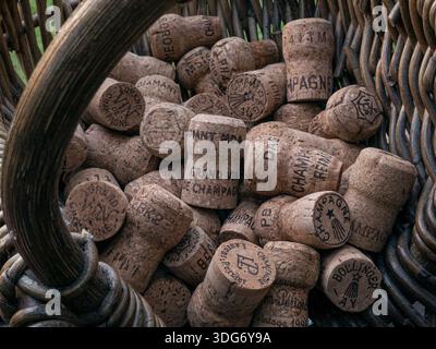 CHAMPAGNE BOUCHONS DE RÉCOLTE CONCEPT VENDANGEURS français panier de récolte, sélection de différentes variétés fines de champagne de luxe producteurs de bouchons France Banque D'Images