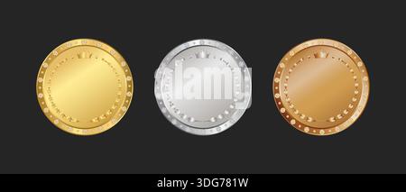 Médaille d'or en argent et en bronze décernée icône 3d sur fond noir, bouton en métal design réaliste, signe de badge de qualité Illustration de Vecteur
