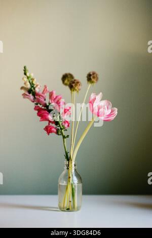 Des fleurs lumineuses sont disposées dans un vase en verre sur une table. Ils sont affichés contre un mur plat avec une lumière douce. Banque D'Images