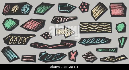 Crayon de charbon de bois crayon main dessinant des lignes bouclées, éclaboussures, squiggles et formes. Éléments noirs sur papier coupé blanc collage. Crayon de craie grunge Illustration de Vecteur