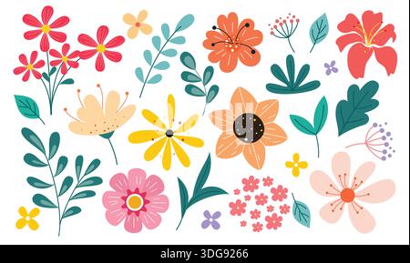 Jeu de cliparts de fleurs de printemps. Colorées fleurs de printemps clip art comme Marguerite, camomille et jonquille dessin floral plat symbole décoratif Illustration de Vecteur