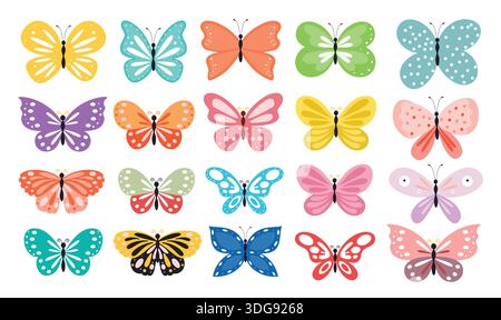 Ensemble clipart coloré papillon. Coloré Butterfly insecte plat icône clip art pour le symbole décoratif de couleur pastel design dessin animé imprimable aéré Illustration de Vecteur
