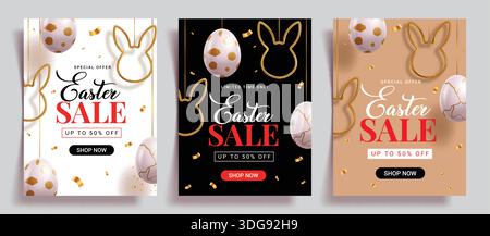 Ensemble d'affiche de vente de Pâques clipart design. Texte de voeux de Pâques joyeuses avec des éléments de décoration de lapin et d'oeufs accrochant l'art clip pour le shopping bannière de vente Illustration de Vecteur