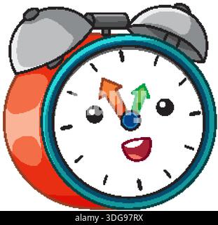 Illustration vectorielle vibrante d'un réveil rouge heureux avec un visage souriant et des cloches Illustration de Vecteur