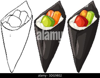 Trois rouleaux de main de sushi vectoriels présentés dans le contour, la couleur plate et les styles de dessin animé ombré Illustration de Vecteur