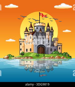 Illustration vectorielle d'un château en pierre sur une île reflétée dans un lac de coucher du soleil. Illustration de Vecteur