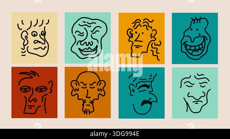 collection de croquis abstraits de visage masculin dessinés à la main dans un style minimaliste moderne, imperfection doodle art design vectoriel adapté aux affiches, branding Illustration de Vecteur