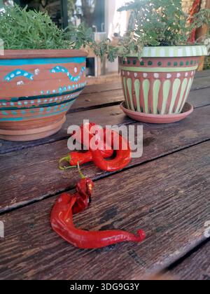 piments chili sur une table en bois avec des pots de fleurs en arrière-plan sur l'île de Crète (Grèce) Banque D'Images