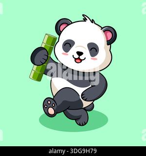 Joyeux dessin animé Panda marchant avec illustration vectorielle de bâton de bambou Illustration de Vecteur
