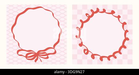 Fantaisiste jolie bordure de cadre dans le style vintage coquette doodle avec des coeurs de rubans et des lignes roses. Parfait pour bébé de mariage rétro invitation ou bff Illustration de Vecteur