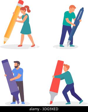 Jeu de quatre caractères contenant des stylos, des crayons et des marqueurs surdimensionnés. Illustrations vectorielles plates de dessins animés pour le travail d'équipe, l'éducation et les thèmes de créativité. Illustration de Vecteur