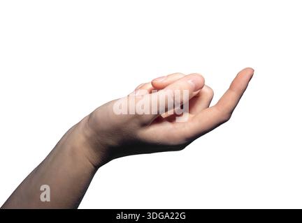 Geste de la main avec les doigts levés et mouvement élégant du poignet. Forme naturelle, détail propre et expression du corps humain utilisés pour le concept de signal et de toucher Banque D'Images