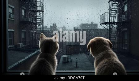 Un chat et un chien sont assis ensemble, regardant par une fenêtre baignée de pluie le paysage urbain, avec des gouttes ruisselant sur le verre, capturant un moment de sérénité de compan Banque D'Images