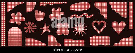 Formes fantaisistes à carreaux Vichy rouge avec des coeurs, des fleurs, des étoiles et des formes abstraites découpées. Éléments de motif rétro ludiques pour collage Illustration de Vecteur