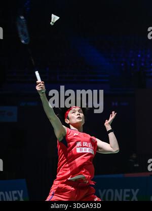New Delhi, Inde. 16 janvier 2026. Wang Zhiyi, de Chine, concourt contre Nidaira Natsuki, du Japon, lors du match de quart de finale en simple féminin à l'India Open 2026 à New Delhi, en Inde, le 16 janvier 2026. Crédit : Javed Dar/Xinhua/Alamy Live News Banque D'Images