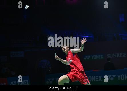 New Delhi, Inde. 16 janvier 2026. Wang Zhiyi, de Chine, concourt contre Nidaira Natsuki, du Japon, lors du match de quart de finale en simple féminin à l'India Open 2026 à New Delhi, en Inde, le 16 janvier 2026. Crédit : Javed Dar/Xinhua/Alamy Live News Banque D'Images