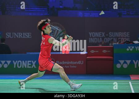 New Delhi, Inde. 16 janvier 2026. Wang Zhiyi, de Chine, concourt contre Nidaira Natsuki, du Japon, lors du match de quart de finale en simple féminin à l'India Open 2026 à New Delhi, en Inde, le 16 janvier 2026. Crédit : Javed Dar/Xinhua/Alamy Live News Banque D'Images