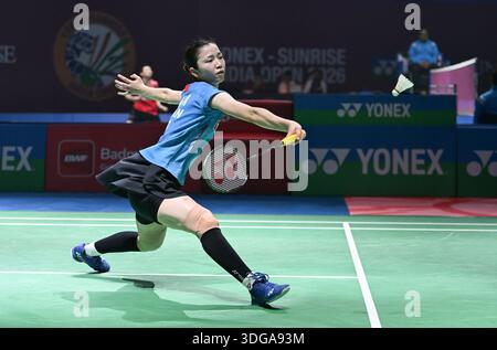 New Delhi, Inde. 16 janvier 2026. Nidaira Natsuki, du Japon, concourt contre Wang Zhiyi, de Chine, lors du match de quart de finale en simple féminin à l'India Open 2026 à New Delhi, en Inde, le 16 janvier 2026. Crédit : Javed Dar/Xinhua/Alamy Live News Banque D'Images