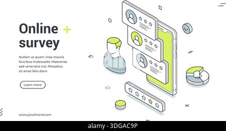 Bannière Web pour l'enquête en ligne. Modèle d'illustration vectorielle isométrique pour les commentaires des clients. Design moderne avec smartphone, profils utilisateur pour qu. En ligne Illustration de Vecteur