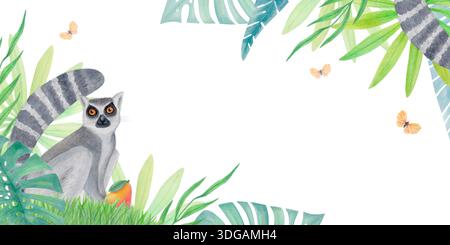 Aquarelle frontière tropicale avec lémurien, feuilles vertes de la jungle et papillons isolés sur blanc. Illustration d'animaux exotiques. Banque D'Images