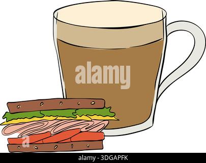 Boisson de café, nourriture, café, tasse, rapide, déjeuner, sandwich, composition illustration dessinée à la main. Vecteur graphique ligne encre colorée pour paquet, vacances Illustration de Vecteur