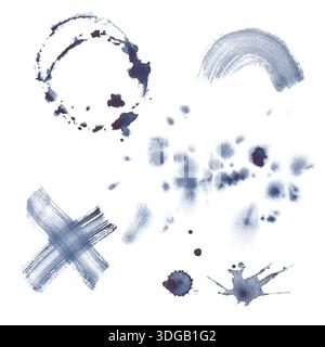 Un ensemble avec des taches de peinture, des impressions rondes et des éclaboussures sur un fond isolé. Une illustration avec des stries sombres de peinture à l'aquarelle. Aquarelle Banque D'Images