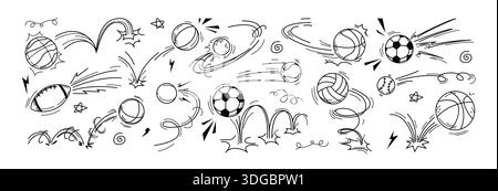 Illustration vectorielle de doodle de balle de sport avec des effets de mouvement et de ligne de rebond. Icônes dessinées à la main de football, football, basket-ball, rugby, volley-ball et baseball avec mouvement de vol et trajectoire de saut Illustration de Vecteur