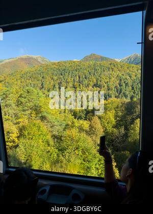 Les passagers du train de feuillage admirent le paysage d'automne depuis la fenêtre. Banque D'Images