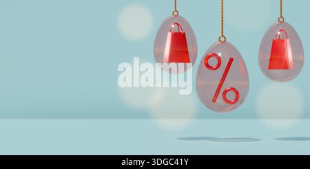 Les ornements suspendus transparents tiennent des sacs à provisions rouges et un signe de pourcentage, symbolisant les ventes de pâques des fêtes. rendu 3d. Banque D'Images