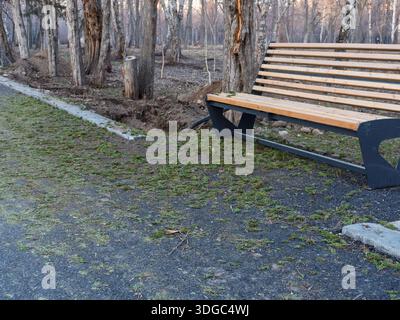 Gros plan d'un nouveau banc de parc en bois avec un cadre métallique, installé à côté d'un chemin asphalté et d'une bordure de béton fraîchement posée. Banque D'Images
