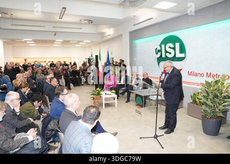Milan, Italie. 16 janvier 2026. Milan, inauguration du nouveau siège de CISL à Milan avec Giovanni Abimelech crédit : Agence photo indépendante/Alamy Live News Banque D'Images