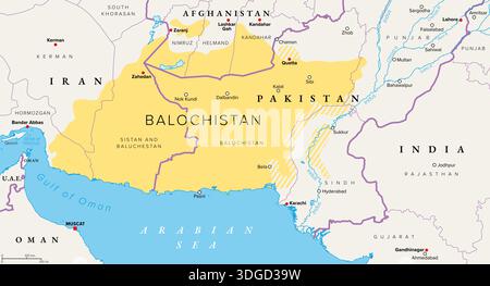 Carte politique du Baloutchistan. Région historique en Asie de l'Ouest et du Sud, divisée entre les pays Iran, Afghanistan et Pakistan. Banque D'Images