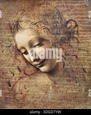 Tête d'une jeune femme aux cheveux touffus (Leda), gouache sur bois par Léonard de Vinci Illustration de Vecteur