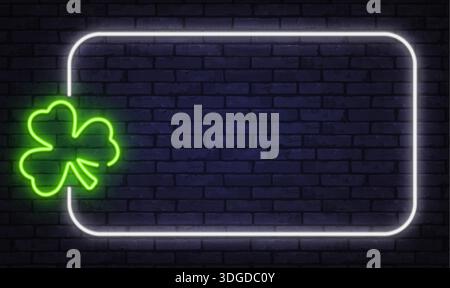 Cadre néon avec symbole de trèfle vert, conçu pour les thèmes de chance et les visuels de casino. Une lumière douce ajoute une ambiance positive et ludique. Illustration de Vecteur