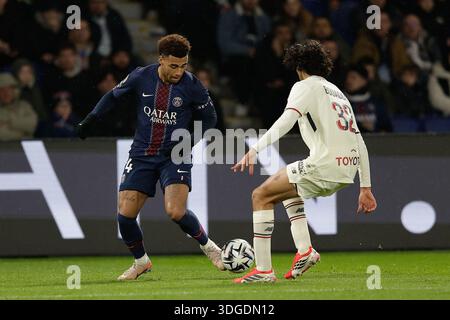 Paris, Frankreich. 16 janvier 2026. FBL-FRA-LIGUE1-Paris Saint Germain - LOSC Lille désiré doué (Paris Saint-Germain), Ayyoub Bouaddi (LOSC Lille) lors du match de football français L1 entre le Paris Saint Germain (PSG) et le LOSC Lille au Parc des Princes le 16 janvier 2026 à Paris France crédit : HMB Media/Alamy Live News Banque D'Images