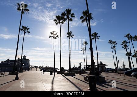 Les palmiers projettent de longues ombres près de la jetée de Newport Beach au coucher du soleil, Newport Beach, Californie, avec des piétons et des sites côtiers. Banque D'Images