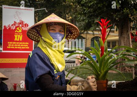 Une jardinière employée par l'État prépare une nouvelle exposition de fleurs dans le centre de Hanoi à côté d'une affiche de propagande faisant la publicité du 14e PA communiste national Banque D'Images