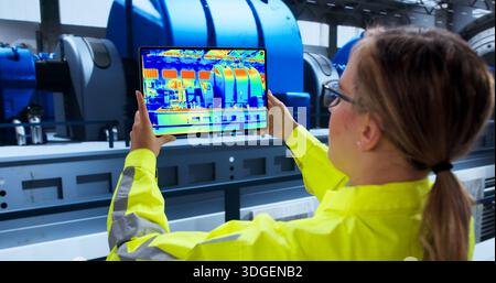 Ingénieur menant l'inspection de caméras thermiques dans une centrale électrique pour plus d'efficacité. Banque D'Images
