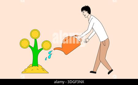 Un homme arrose un arbre avec un arrosoir. L'arbre a trois pièces, ce qui suggère qu'il est un symbole de croissance et de prospérité. L'homme l'est Illustration de Vecteur