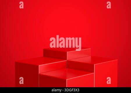 Fond abstrait minimaliste avec des podiums géométriques rouges créant une forme d'escalier sur un fond rouge, idéal pour mettre en valeur les produits Banque D'Images
