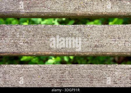 Gros plan de lattes de clôture en bois horizontales avec texture altérée, révélant le feuillage vert flou à travers les espaces. Banque D'Images