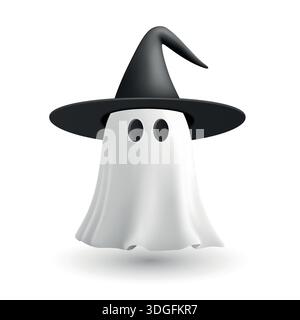 Vecteur 3d White Ghost avec chapeau de sorcière. Illustration vectorielle blanche simple et mignonne. Personnage fantôme d'Halloween avec chapeau de sorcier noir et feuille flottante Illustration de Vecteur
