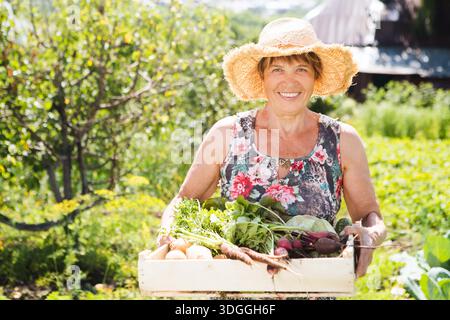 Femme senior tenant caisse en bois avec des légumes dans le jardin || modèle libéré Banque D'Images