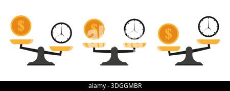Soldes d'argent et de temps. Équilibre entre vie professionnelle et vie privée. Concept de comparaison commerciale. Jeu d'illustrations vectorielles. Illustration de Vecteur