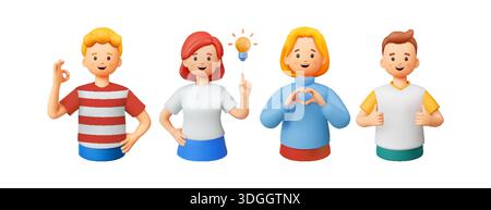 Quatre personnages de dessins animés affichent divers gestes et expressions de la main sur un fond blanc. Les diverses poses suggèrent une communication positive. Illustration de Vecteur