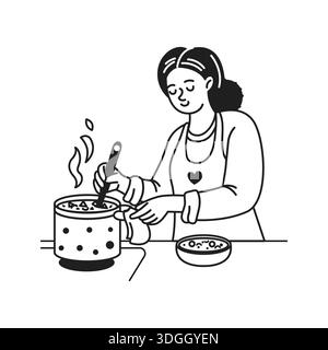 Illustration d'une femme heureuse cuisinant de la soupe dans une casserole. Elle porte un tablier avec un symbole de coeur. Ligne noire et blanche Représente la cuisine maison et cul Illustration de Vecteur