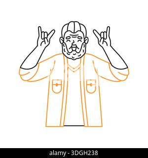 Illustration de ligne colorée d'un homme barbu faisant un geste de la main associé à la culture de la musique rock. La conception utilise une palette de couleurs limitée. Illustration de Vecteur