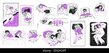 Une collection d'illustrations représentant diverses positions de sommeil. Divers personnages sont représentés dans des lits avec différentes poses, soulignant la variété Illustration de Vecteur