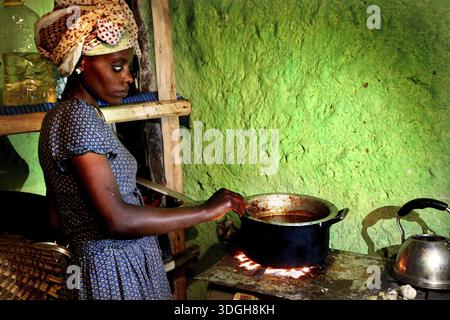 Femme cuisine soigneusement le poulet dans la cuisine rurale, Lalibela, Ethiopie Banque D'Images