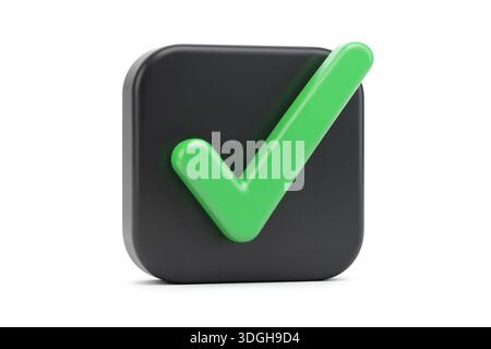 rendu 3d d'une coche vert brillant à l'intérieur d'un cadre représentant les tâches terminées et la validation, isolé sur un fond blanc. Banque D'Images